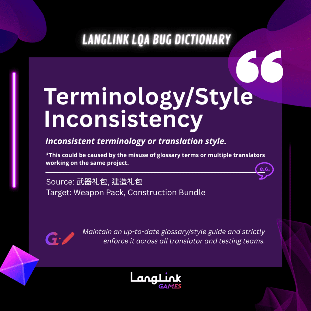 LangLink LQA Bug Dictionary Terminology